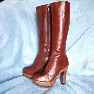 1970's Sbicca Designer Sienna Brown Leather Wood Platform Heel Knee-High Boots
